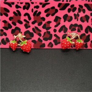 NWT. Betsey Johnson. Red Enameled & Crystals strawberry Stud Earrings